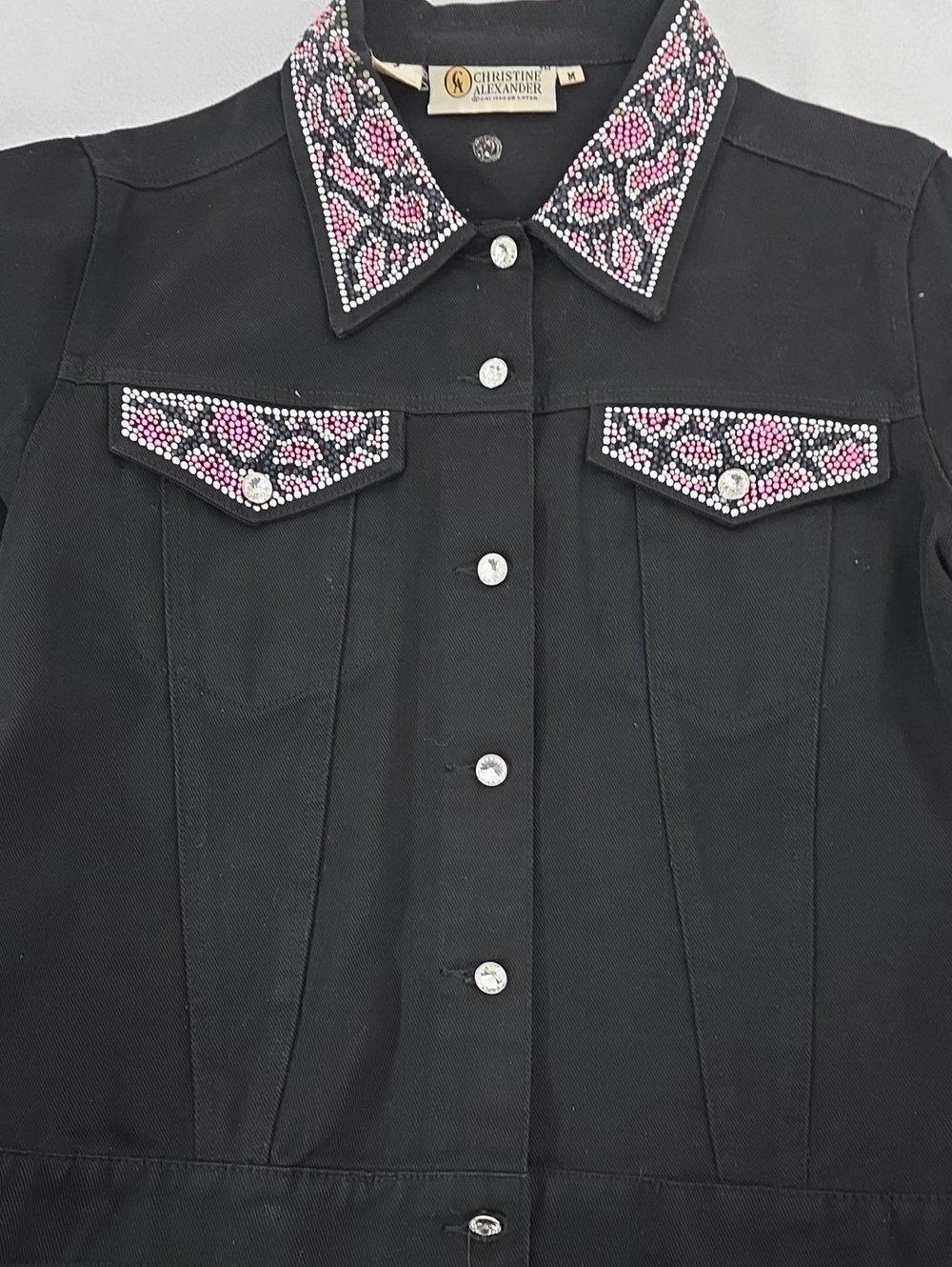 Christine Alexander Rhinestone Leopard Print Western Jacket Black Pink Size M